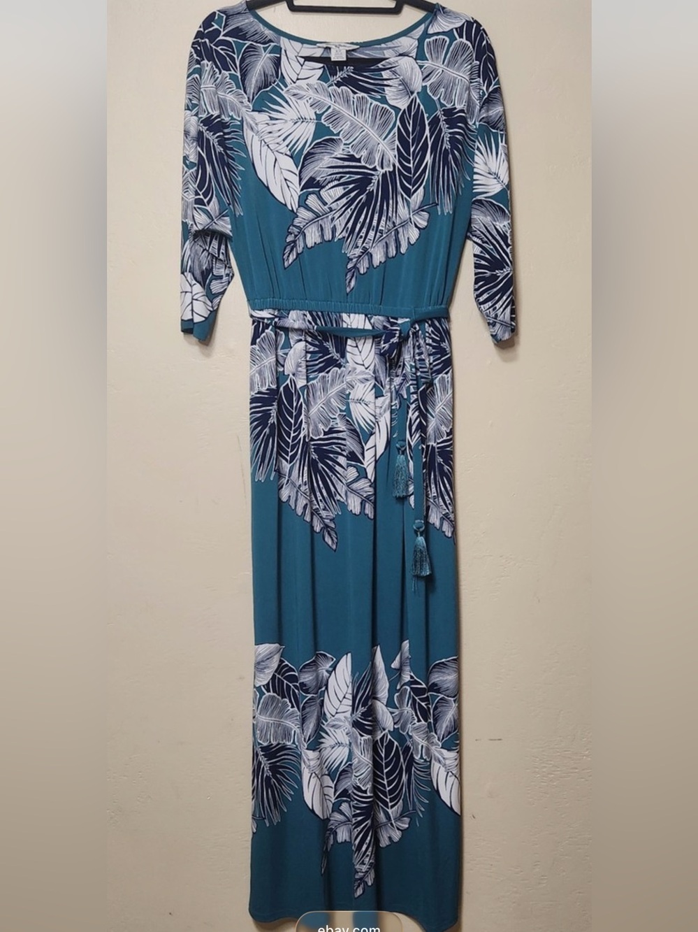 Tommy Bahama Teal Maxi Dress with White & Navy Leaf Print